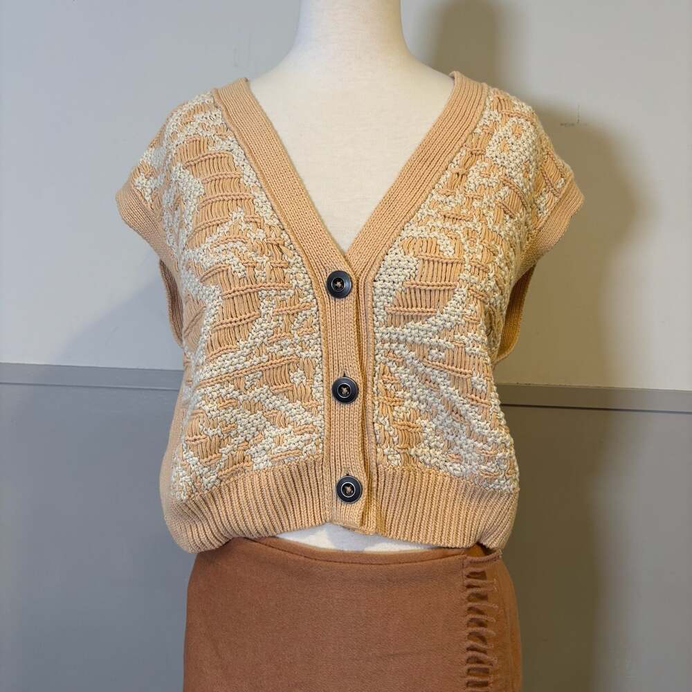 Free People Beige and Cream Knit Vest Geometric Pattern Sweater